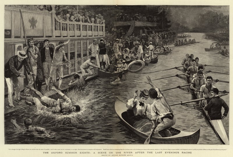 Die Oxford Summer Eights, eine Szene auf dem Fluss nach dem letzten Abendrennen von Arthur Hopkins