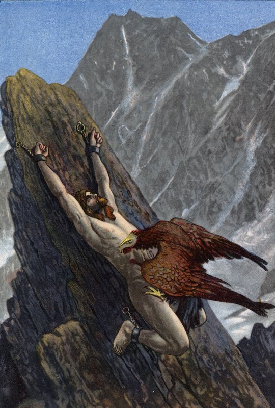 Adler frisst die Leber des Prometheus, der zur Strafe für den Diebstahl des Feuers von den Göttern an einen Felsen gekettet wurde von Artus Scheiner