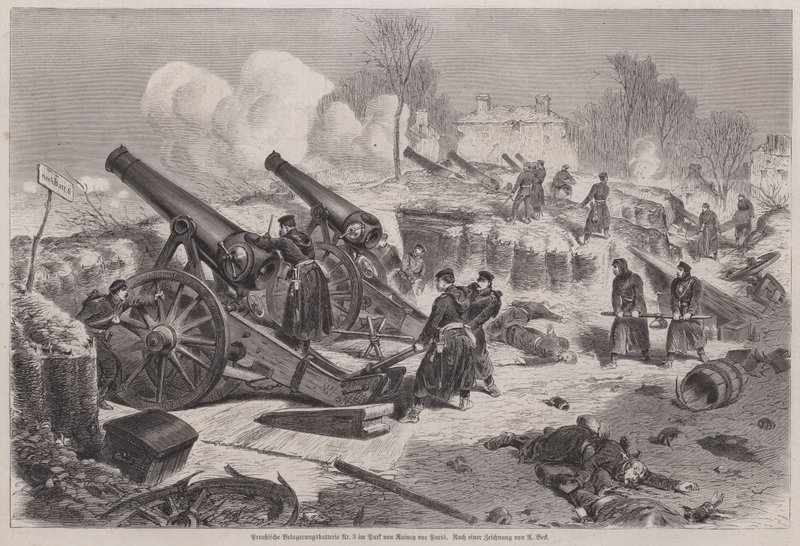 Preußische Belagerungsbatterie im Park von Le Raincy während der Belagerung von Paris, Deutsch-Französischer Krieg von Augustus J. Beck
