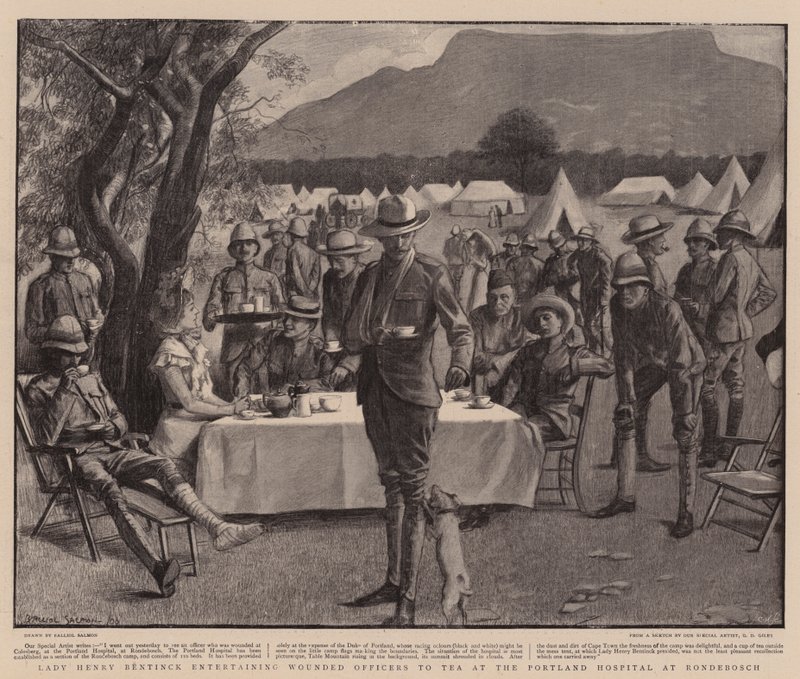 Lady Henry Bentinck bewirtet verwundete Offiziere im Portland Hospital in Rondebosch (Lithografie) von Balliol (after) Salmon