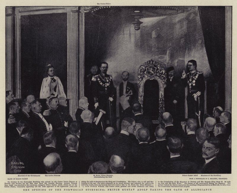 Die Eröffnung des norwegischen Storthing, Prinz Gustav Adolf leistet den Treueeid von Balliol (after) Salmon