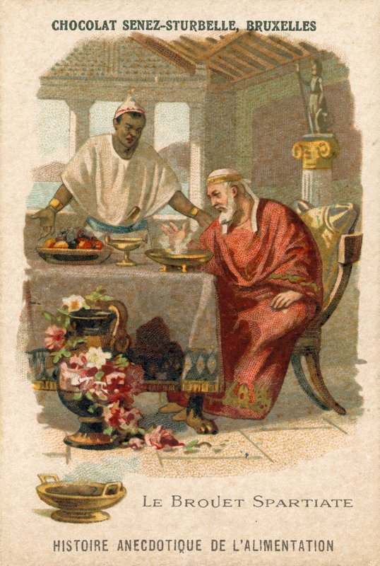 Die spartanische Brühe, Handelskarte produziert von Chocolat Senez-Sturbelle von Belgian School