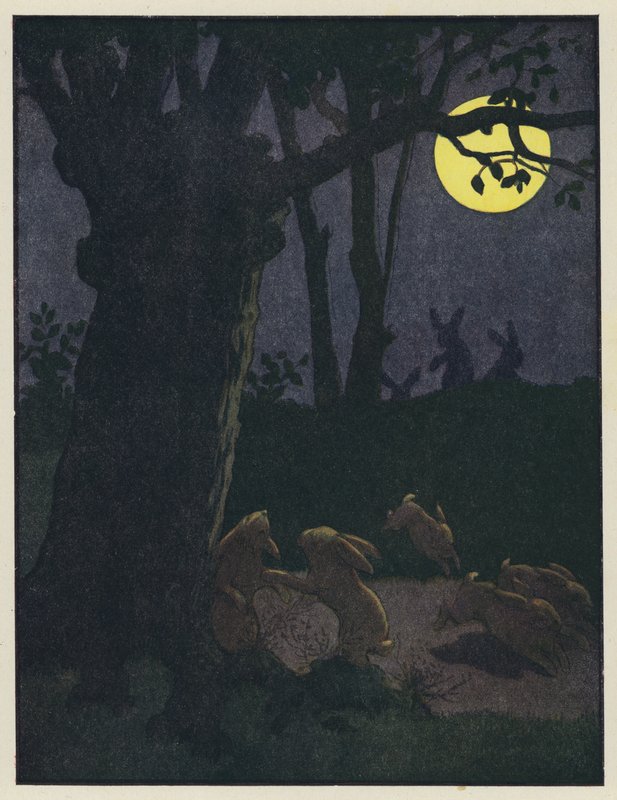 Kaninchen unter einem Baum in einer mondhellen Nacht von Benjamin Rabier
