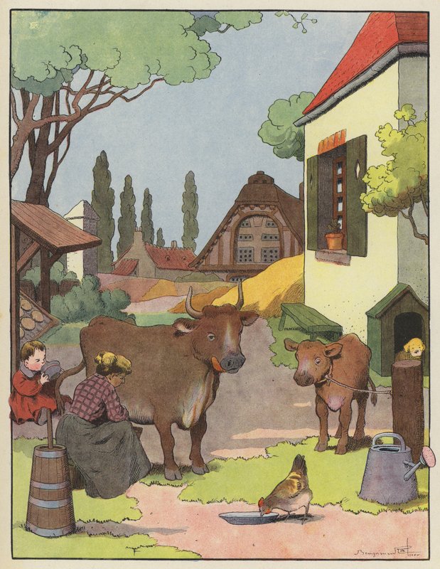 Frau melkt eine Kuh im Bauernhof von Benjamin Rabier