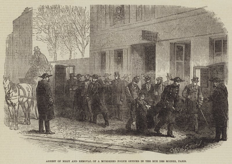 Verhaftung von Megy und Entfernung eines ermordeten Polizisten in der Rue des Moines, Paris von Burn Smeeton