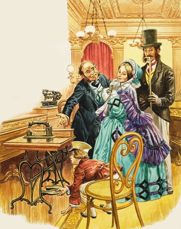 Eine viktorianische Dame bewundert die neue Tret-Nähmaschine in einem Ausstellungsraum, während ihr Ehemann zusieht von C.L. Doughty
