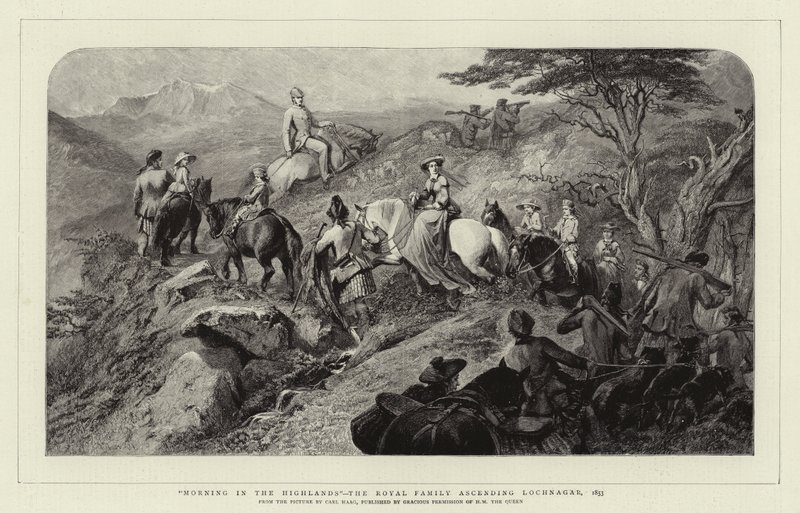 Morgen in den Highlands, die königliche Familie besteigt den Lochnagar, 1853 von Carl Haag