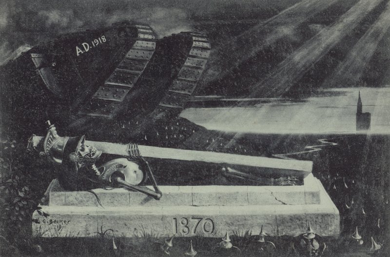 Ein siegreicher alliierter Panzer des Ersten Weltkriegs passiert das Grab eines französischen Kavalleriesoldaten aus dem Deutsch-Französischen Krieg. (Lithografie) von Carl Ludwig Friedrich Becker