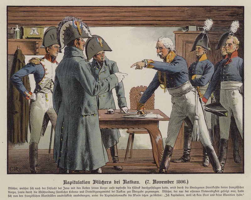 Feldmarschall Blücher kapituliert vor den Franzosen in Katekau, 7. November 1806 von Carl Röchling