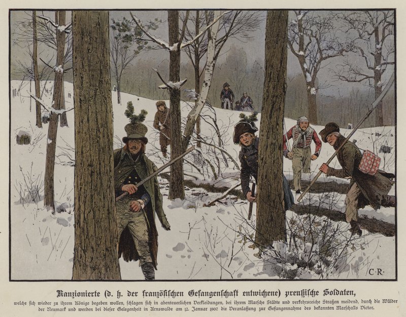 Preußische Soldaten entkommen der französischen Gefangenschaft, Januar 1807 (Farblithografie) von Carl Röchling