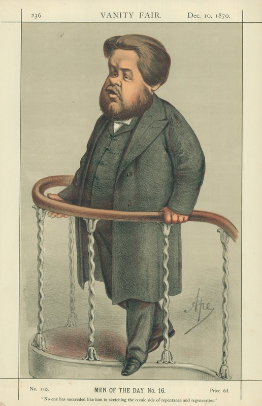 Der Rev Charles Spurgeon, Niemand hat es wie er geschafft, die komische Seite der Reue und Erneuerung zu skizzieren, 17. Juli 1880, Vanity Fair Karikatur von Carlo Pellegrini