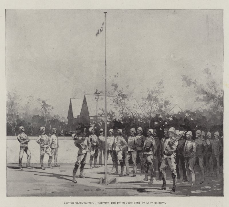 Britisches Bloemfontein, Hissen des Union Jack gesendet von Lady Roberts von Charles Auguste Loye