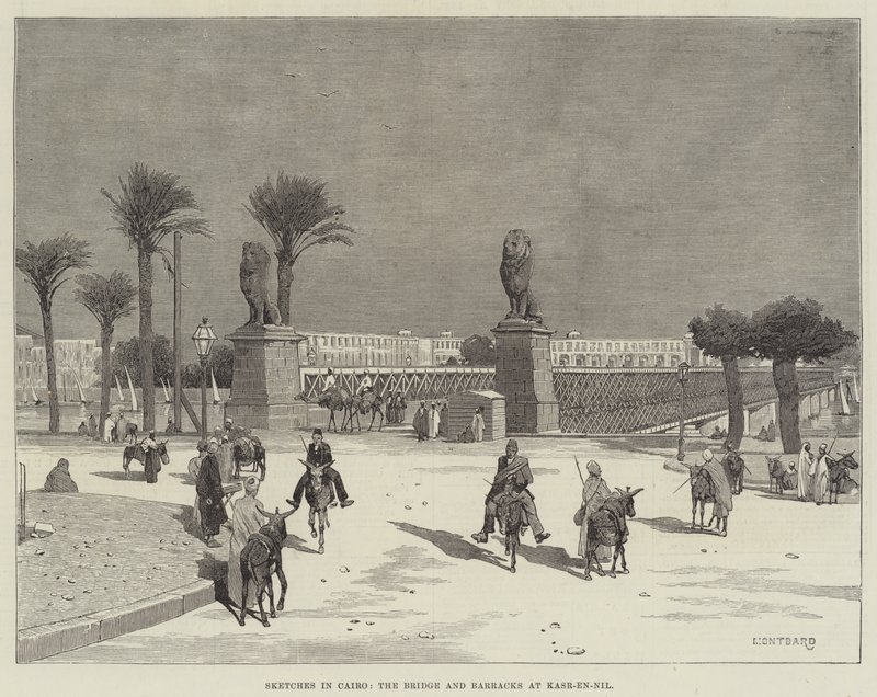 Skizzen in Kairo, die Brücke und Kaserne bei Kasr-en-Nil von Charles Auguste Loye