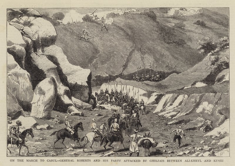 Auf dem Marsch nach Kabul, General Roberts und seine Gruppe von Ghilzais zwischen Ali-Kheyl und Kushi angegriffen von Charles Edwin Fripp