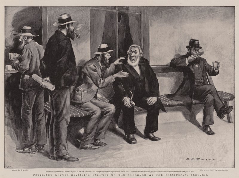 Präsident Kruger empfängt Besucher auf der Veranda des Präsidiums in Pretoria von Charles Edwin Fripp