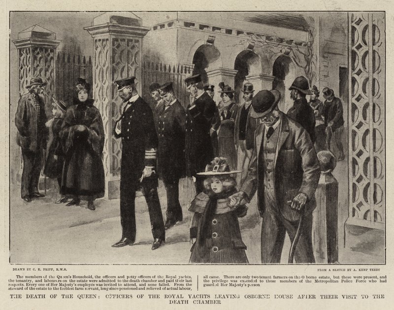 Der Tod der Königin, Offiziere der königlichen Yachten verlassen das Osborne House nach ihrem Besuch im Sterbezimmer von Charles Edwin Fripp