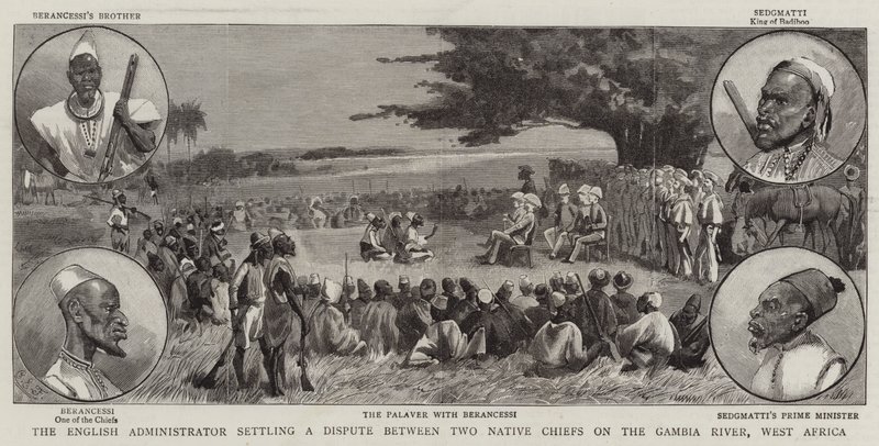 Der englische Verwalter, der einen Streit zwischen zwei einheimischen Häuptlingen am Gambia-Fluss, Westafrika, beilegt von Charles Edwin Fripp