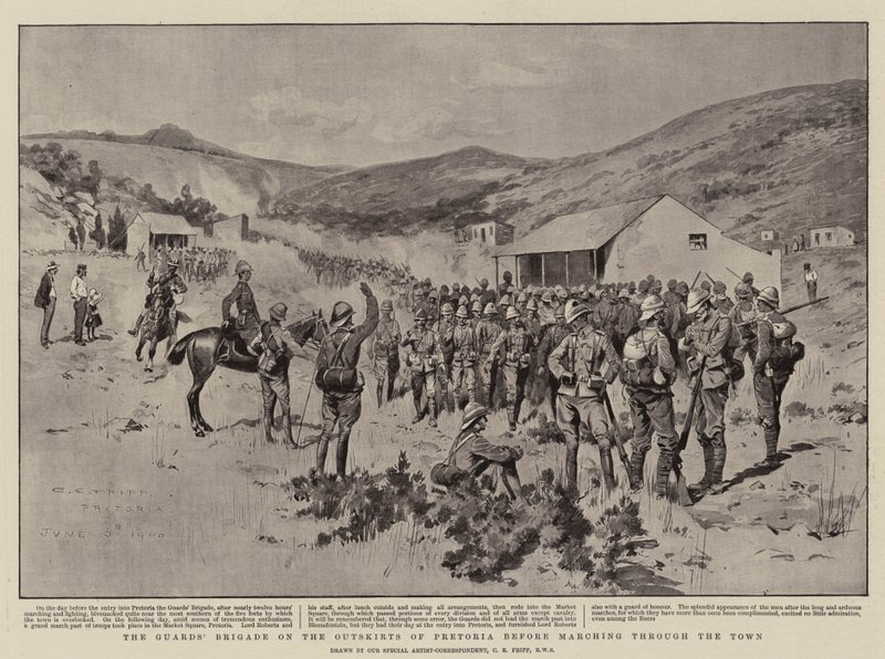 Die Garde-Brigade am Stadtrand von Pretoria vor dem Marsch durch die Stadt von Charles Edwin Fripp