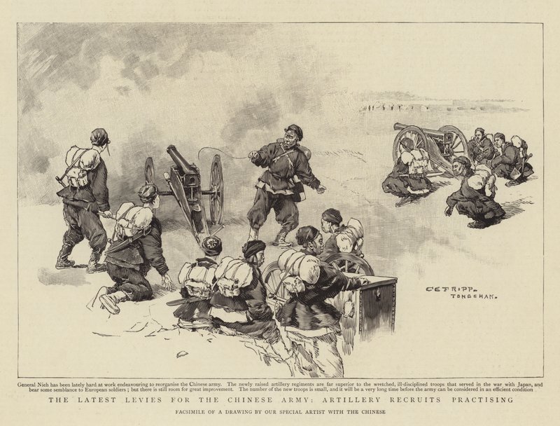Die neuesten Rekruten für die chinesische Armee, Artillerierekruten beim Üben von Charles Edwin Fripp
