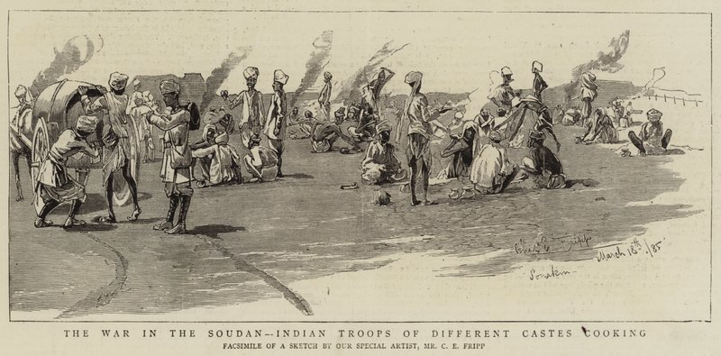 Der Krieg im Sudan, indische Truppen verschiedener Kasten beim Kochen von Charles Edwin Fripp