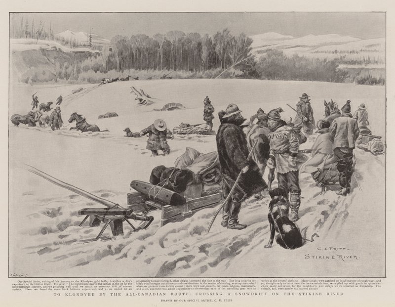Nach Klondyke auf der rein kanadischen Route, Überquerung einer Schneeverwehung am Stikine River von Charles Edwin Fripp