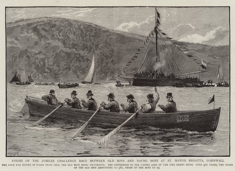 Ziel des Jubiläumsrennens zwischen alten und jungen Jungen bei der St Mawes Regatta, Cornwall von Charles J. Staniland