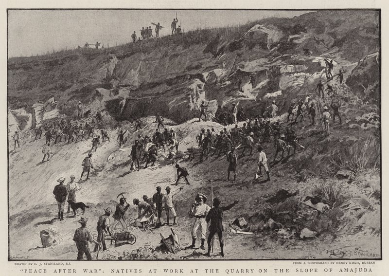 Frieden nach dem Krieg, Einheimische bei der Arbeit im Steinbruch am Hang von Amajuba von Charles J. Staniland