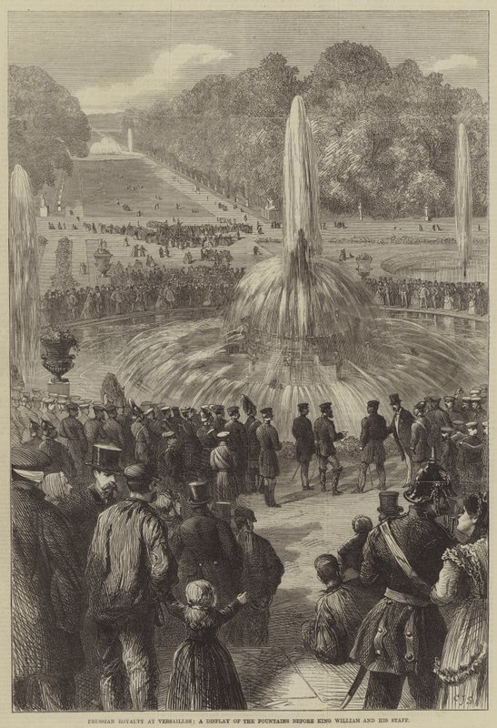 Preußisches Königshaus in Versailles, eine Vorführung der Brunnen vor König Wilhelm und seinem Stab von Charles J. Staniland