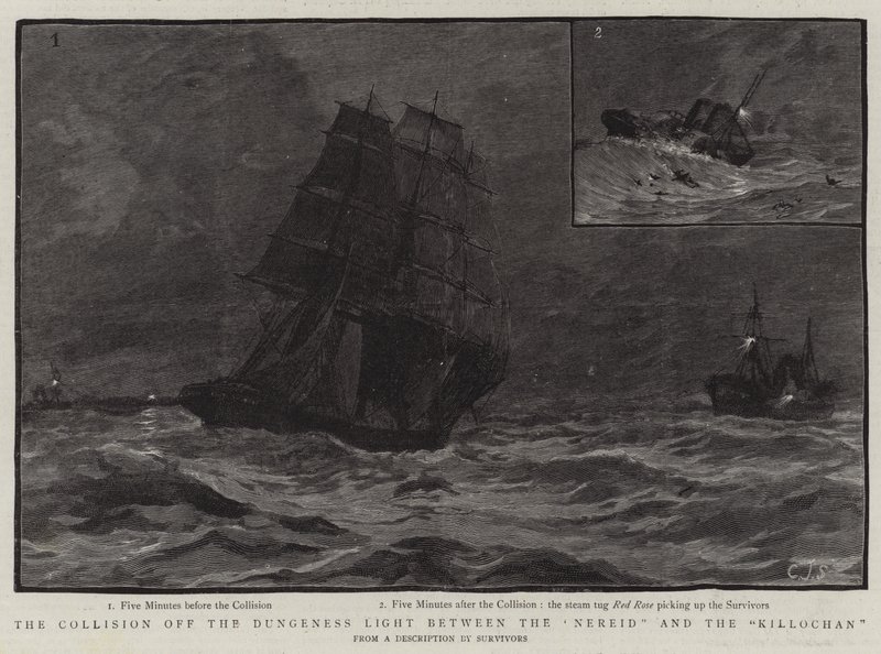 Die Kollision vor dem Dungeness-Leuchtturm zwischen der Nereid und der Killochan von Charles J. Staniland