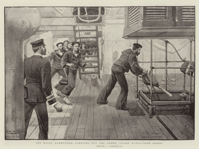 Die Marine-Manöver, Ausführung des Befehls, wasserdichte Türen schließen von Charles J. Staniland