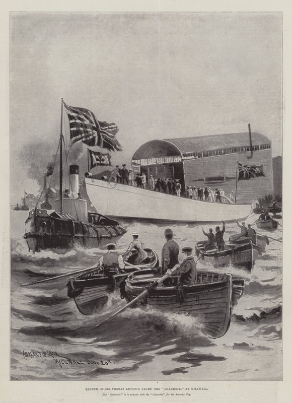 Stapellauf von Sir Thomas Liptons Yacht, der Shamrock, in Millwall von Charles John de Lacy