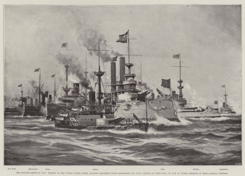 Der Spanisch-Amerikanische Krieg, Schiffe des Nordatlantikgeschwaders der Vereinigten Staaten, die San Juan, die Hauptstadt von Puerto Rico, am 12. Mai bombardierten, unter dem Kommando von Konteradmiral Sampson von Charles John de Lacy