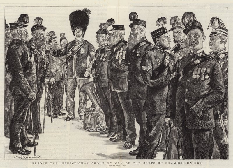 Vor der Inspektion, eine Gruppe von Männern des Corps of Commissionaires von Charles Paul Renouard