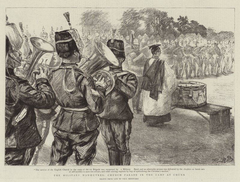 Die Militärmanöver, Kirchenparade im Lager von Churn von Charles Paul Renouard