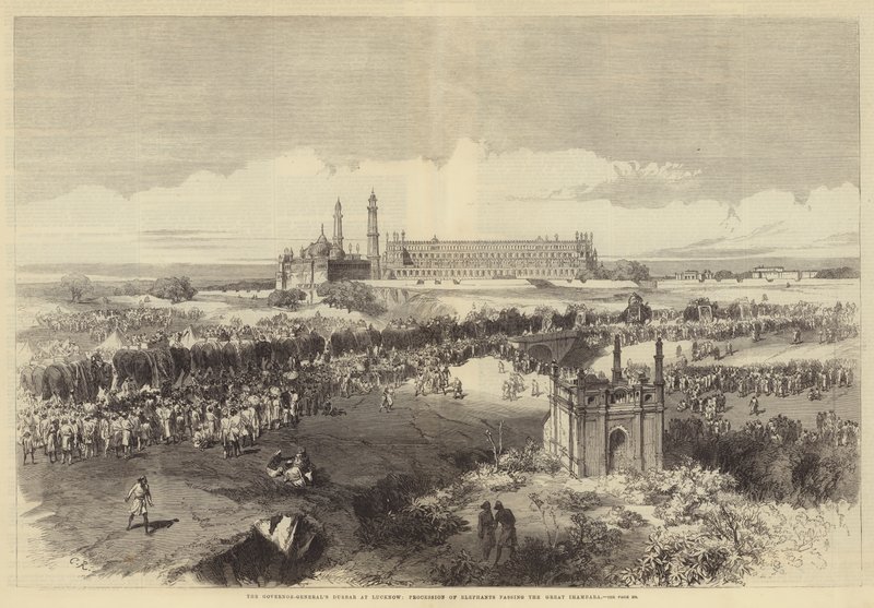 Der Durbar des Generalgouverneurs in Lucknow, Prozession von Elefanten, die am Großen Imambara vorbeiziehen von Sir John Charles Robinson