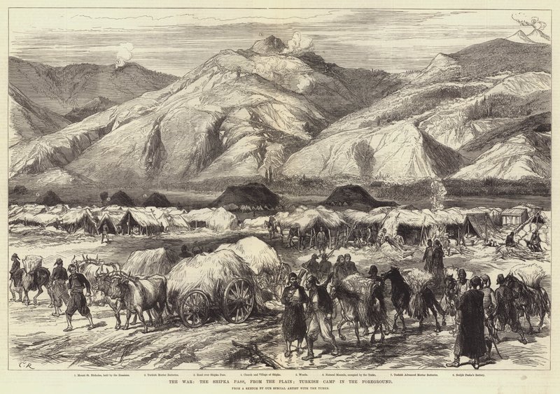 Der Krieg, der Shipka-Pass, von der Ebene; Türkisches Lager im Vordergrund von Sir John Charles Robinson