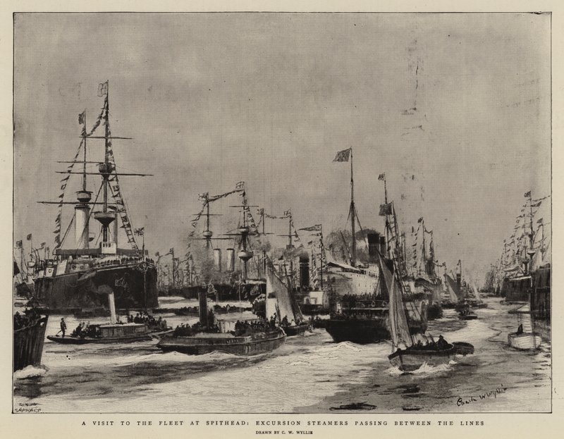 Ein Besuch der Flotte in Spithead, Ausflugsdampfer passieren zwischen den Linien von Charles William Wyllie