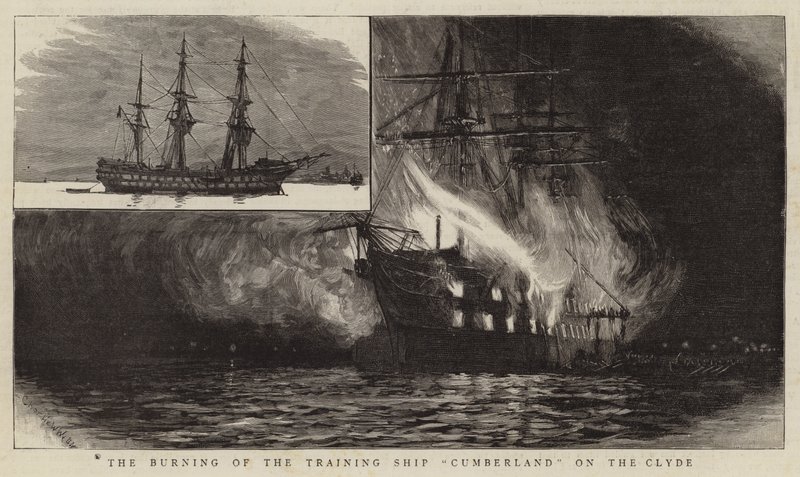 Das Brennen des Ausbildungsschiffs Cumberland auf dem Clyde von Charles William Wyllie