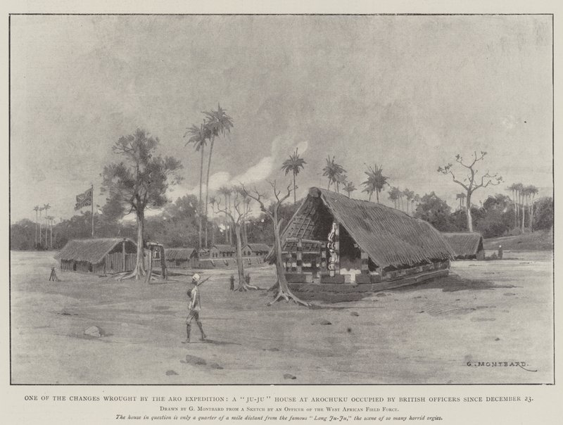 Eine der Veränderungen durch die Aro-Expedition, ein Ju-Ju-Haus in Arochuku, das seit dem 23. Dezember von britischen Offizieren besetzt ist von Charles Auguste Loye