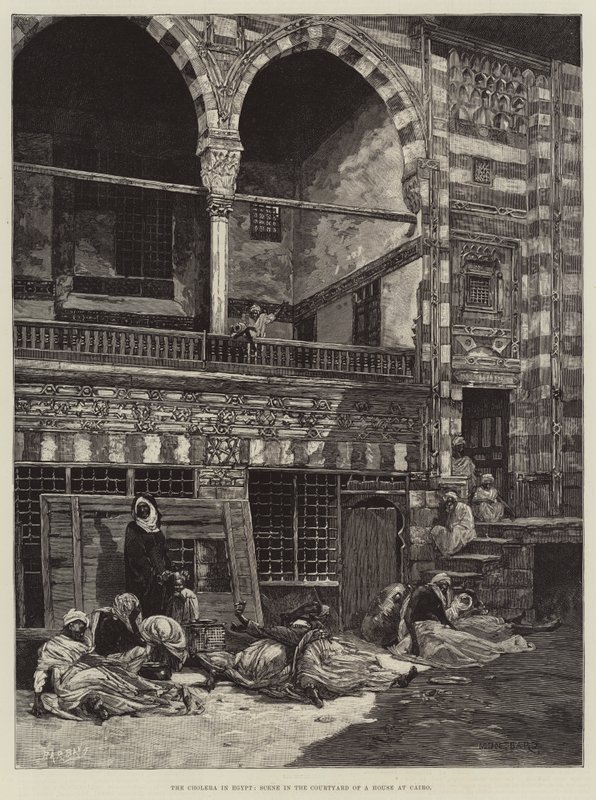 Die Cholera in Ägypten, Szene im Hof eines Hauses in Kairo von Charles Auguste Loye