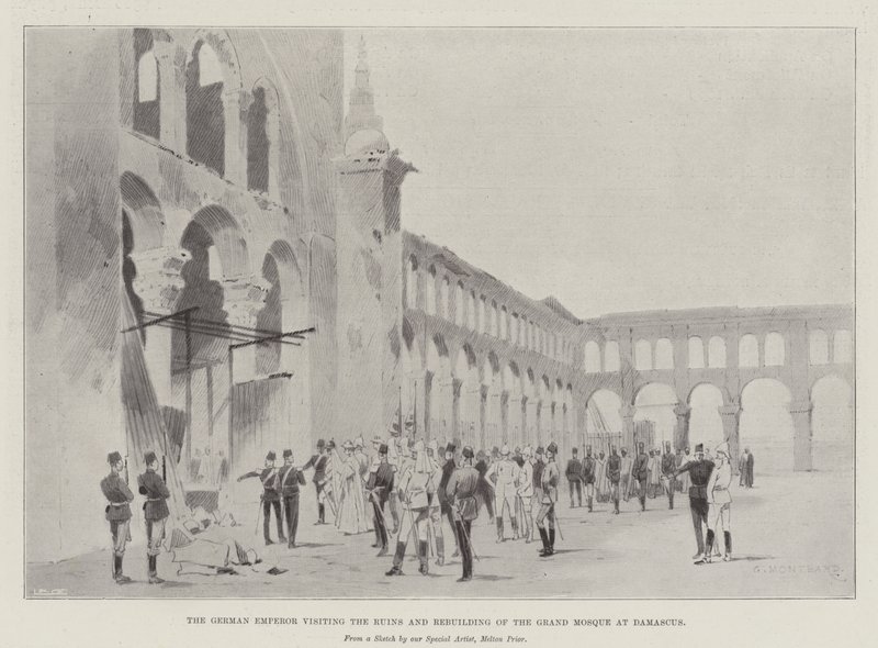 Der deutsche Kaiser besucht die Ruinen und den Wiederaufbau der Großen Moschee in Damaskus von Charles Auguste Loye