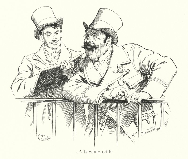 Buchmacher, der Quoten auf einer Rennbahn ausruft von Charles Edmund Brock