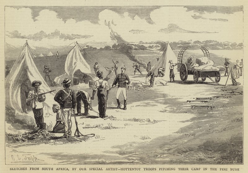Skizzen aus Südafrika, Hottentotten-Truppen schlagen ihr Lager im Peri-Busch auf von Charles Edwin Fripp
