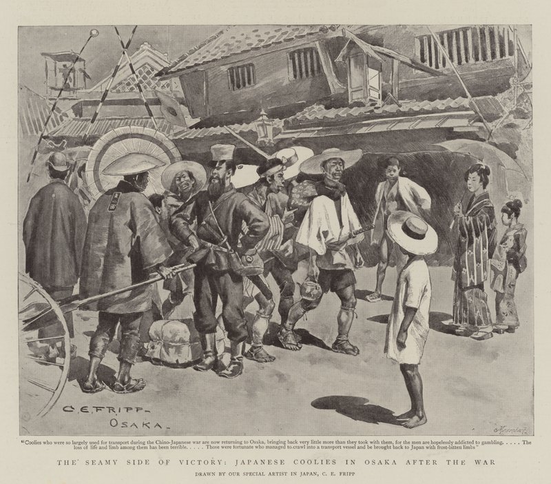 Die Schattenseite des Sieges, japanische Kulis in Osaka nach dem Krieg von Charles Edwin Fripp