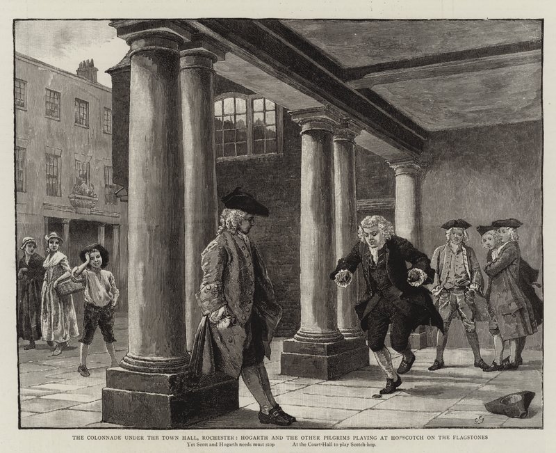 Die Kolonnade unter dem Rathaus, Rochester, Hogarth und die anderen Pilger spielen auf den Pflastersteinen Himmel und Hölle von Charles Green