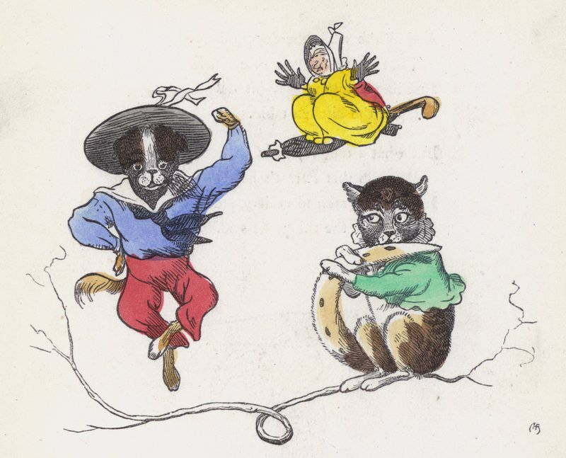 Dame Trottypeg und ihr Haustier Katze und Hund von Charles Henry (after) Bennett