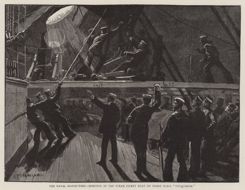 Die Marine-Manöver, Einholen des Dampfpickboots an Bord der HMS Conqueror von Charles J. Staniland