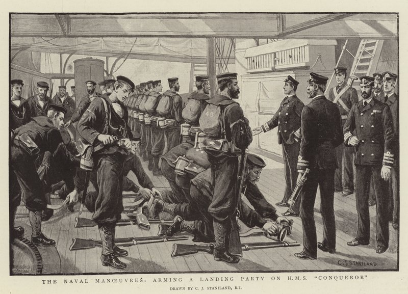 Die Marine-Manöver, Bewaffnung einer Landungstruppe auf der HMS Conqueror von Charles J. Staniland
