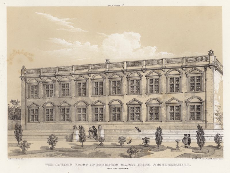 Die Gartenseite des Brympton Manor House, Somersetshire, Inigo Jones, Architekt von Charles James Richardson
