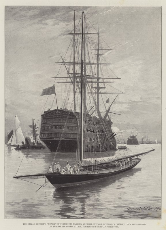 Der deutsche Kaiserliche Meteor im Hafen von Portsmouth, vor Nelsons Victory verankert, jetzt das Flaggschiff von Admiral Sir Nowell Salmon, Oberbefehlshaber in Portsmouth von Charles John de Lacy